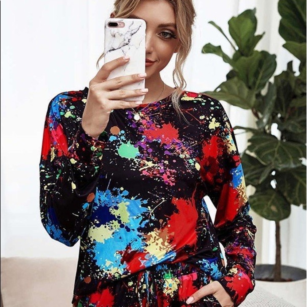 NWT Black Multi Color Two Piece Pajama Set - Picture 2 of 6
